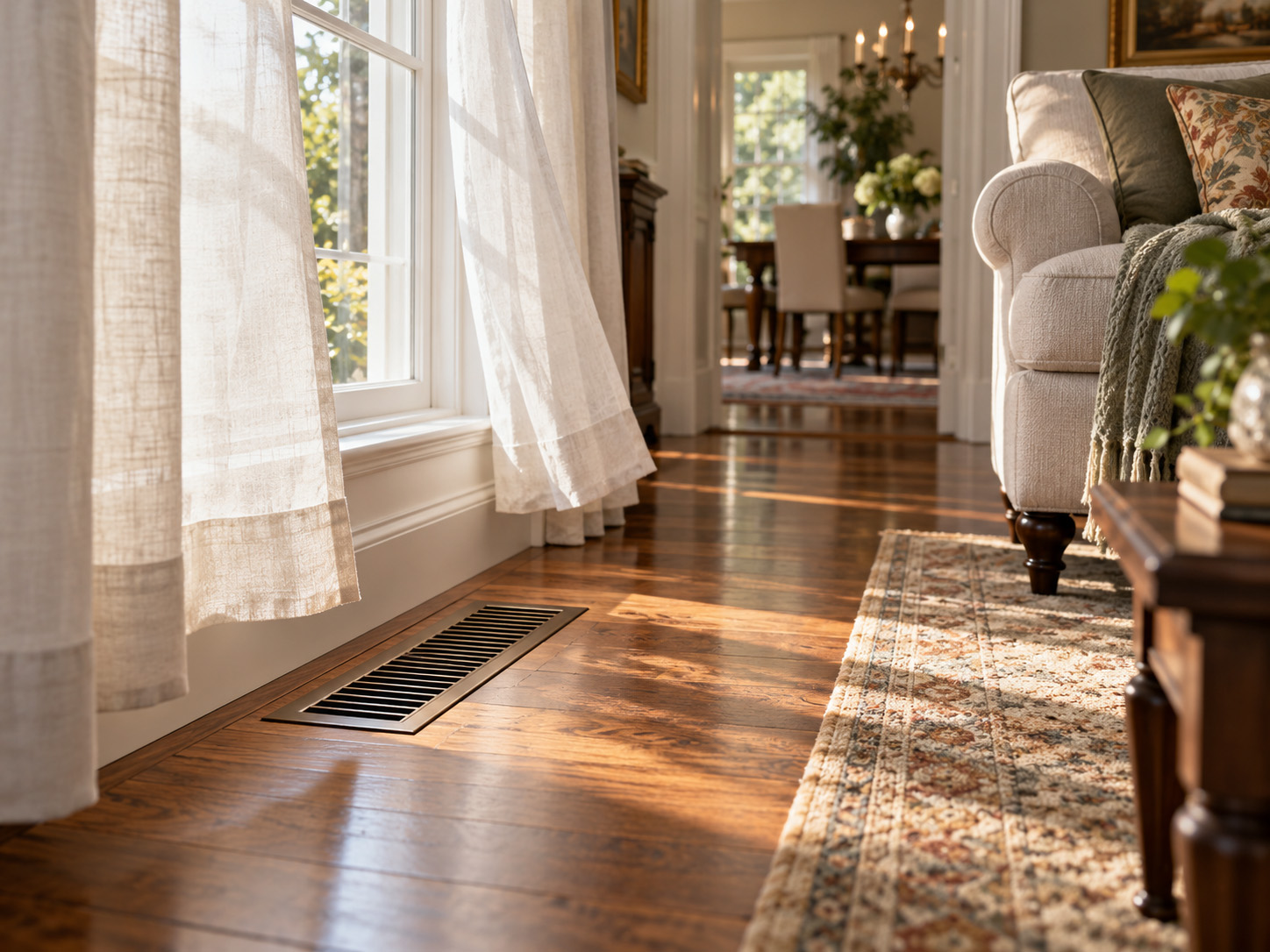 Floor air vent in a sunlit living room with hardwood floors