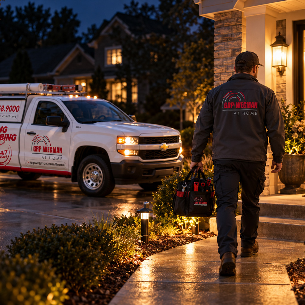 GRP|WEGMAN technician carrying a tool bag to a Metro East home at dusk, with the service truck in the driveway
