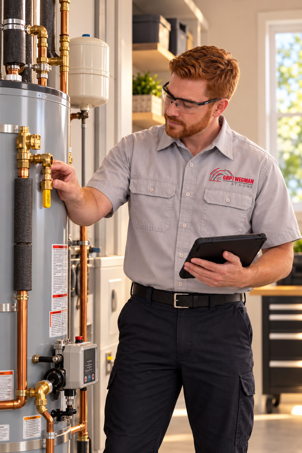 GRP|WEGMAN technician inspecting a water heater with a tablet
