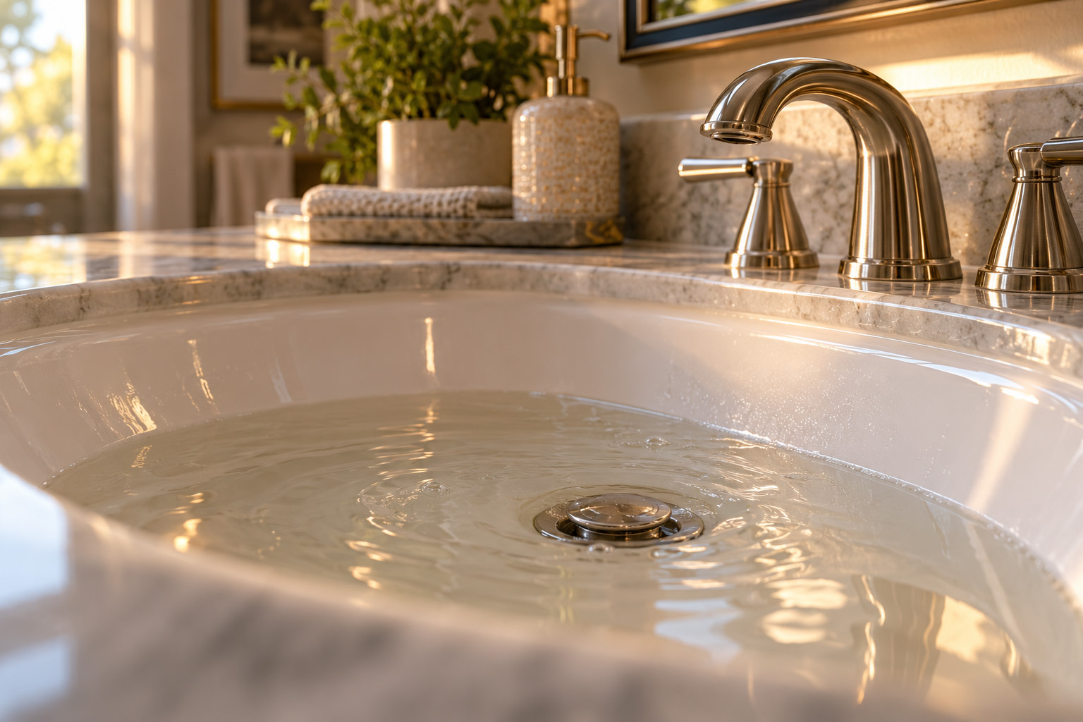 Water draining freely from a bathroom sink after drain cleaning