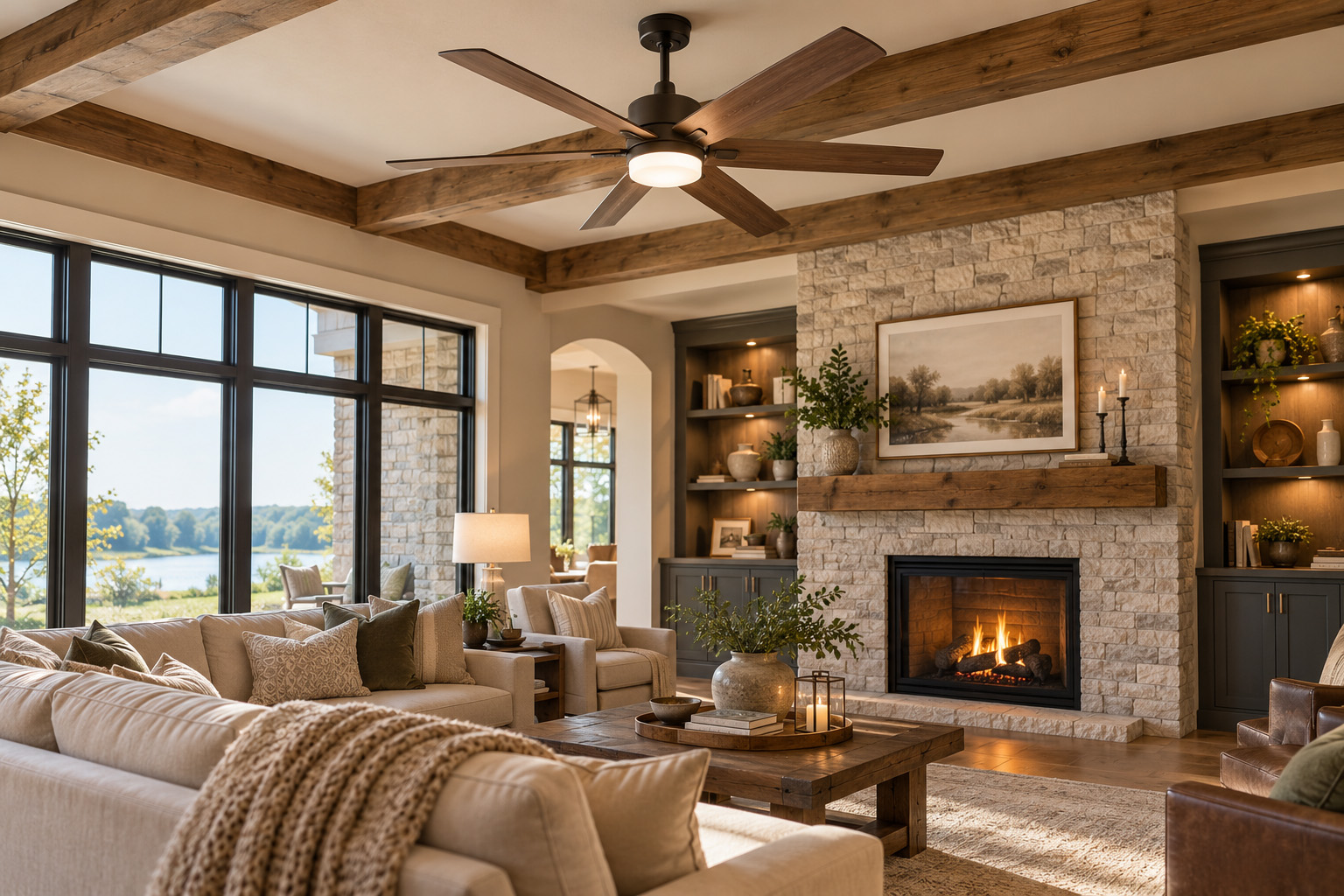 Living room with a newly installed ceiling fan and recessed lighting