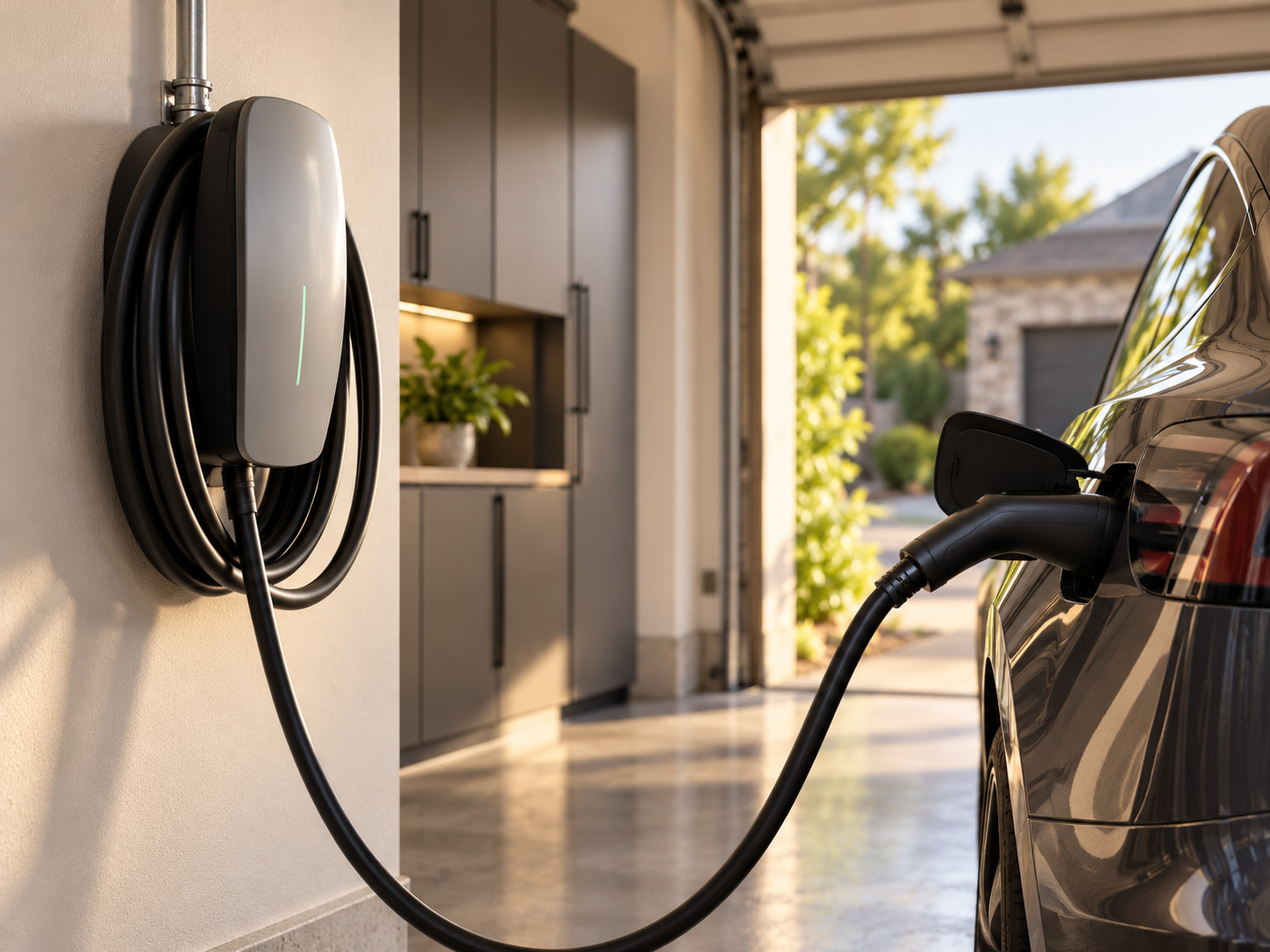Home EV charger mounted on a garage wall, plugged into an electric car