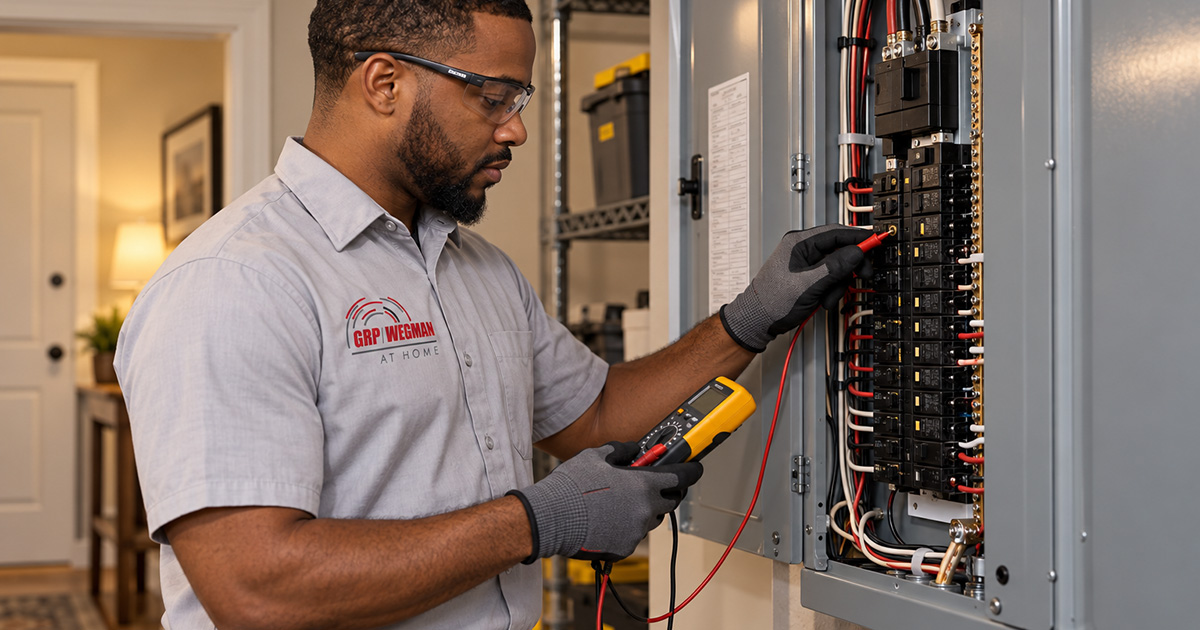 GRP|WEGMAN At Home electrician testing a home electrical panel with a multimeter