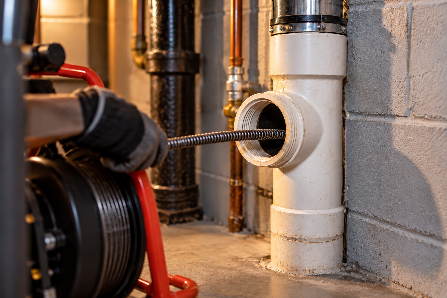 Plumber feeding a drain cable into a pipe cleanout