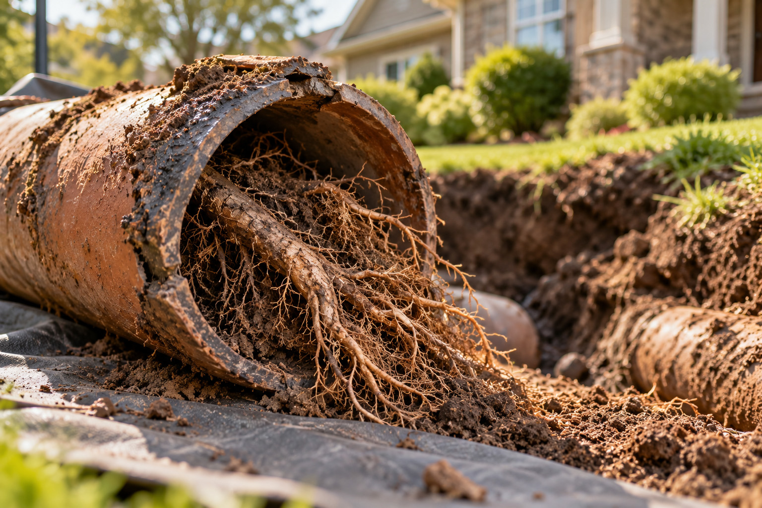 Broken sewer pipe filled with tree roots in a dug-up yard