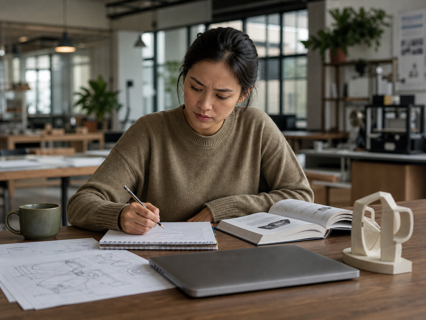 Researcher at desk with notes and industry sketches