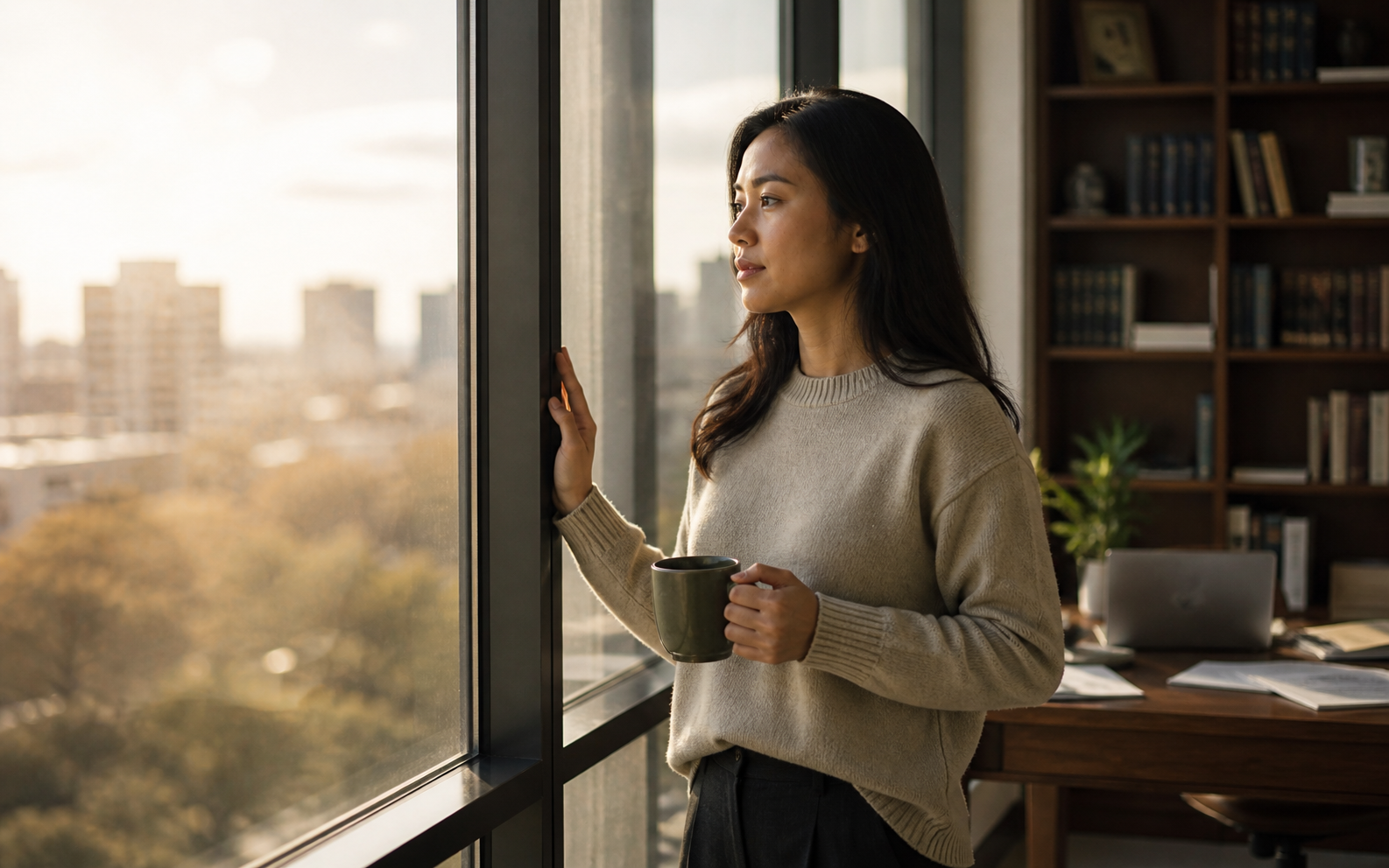 Researcher by the window, looking thoughtfully into the distance