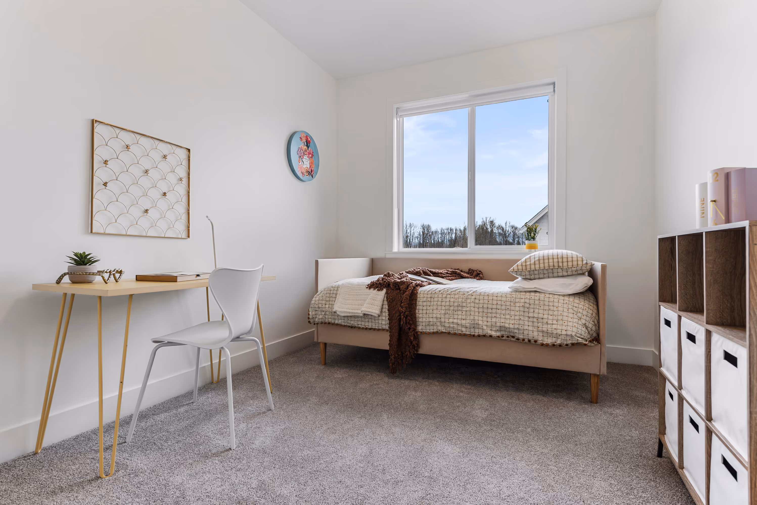 cedarbrook townhome secondary bedroom with window, twin bed and dresser