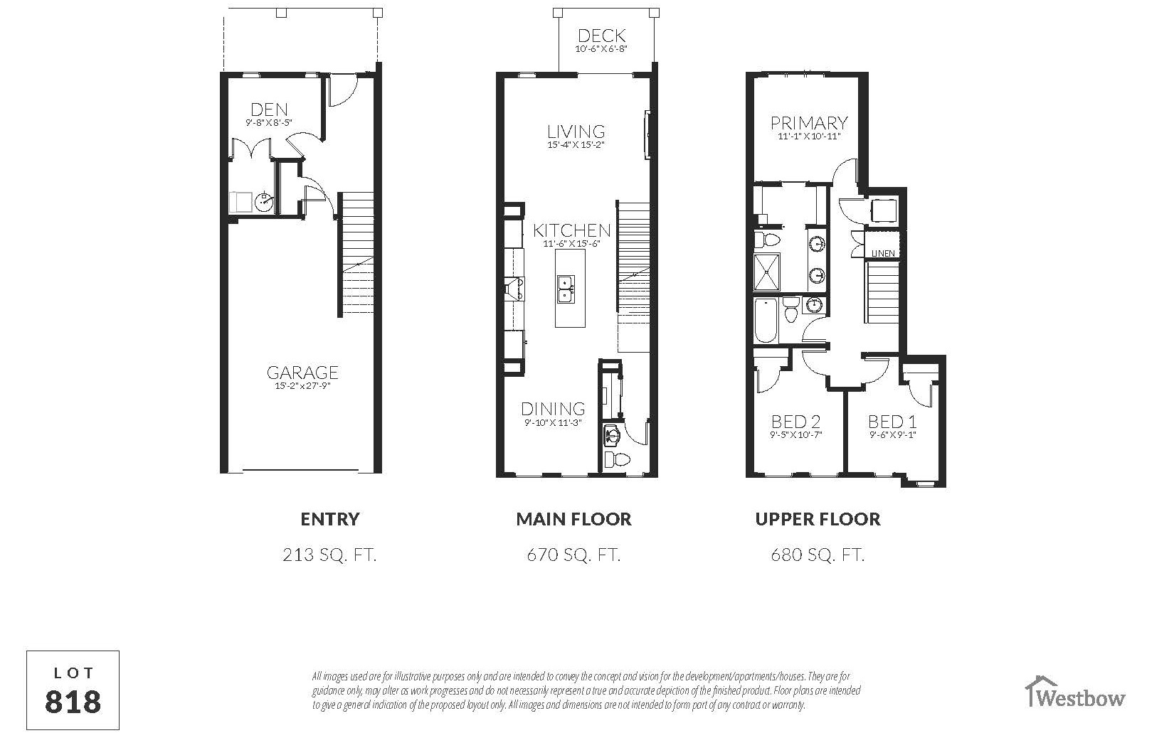 Cedarbrook townhome floorplan featuring 3 floors
