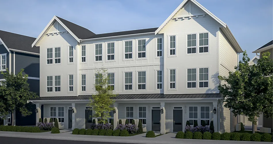 Modern white townhouse development featuring three-story new home listings and premium rental units with dark gabled roofs.
