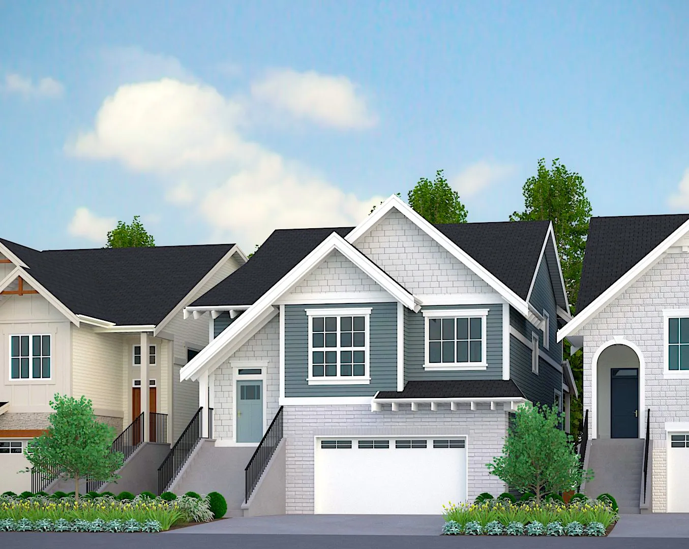 Modern white townhomes for rent and new home listings with dark gabled roofs.