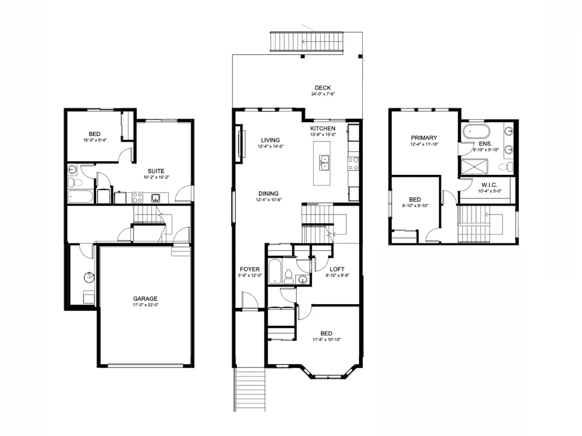 Modern 3 bedroom townhouse floor plan layout for new home listings and rental units.