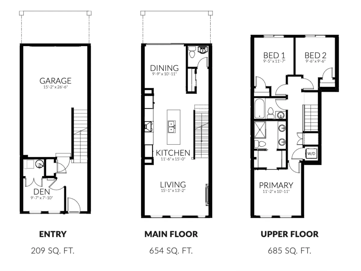 Architectural floor plan for a 3-bedroom Cedarbrook townhome showing the main and upper levels.