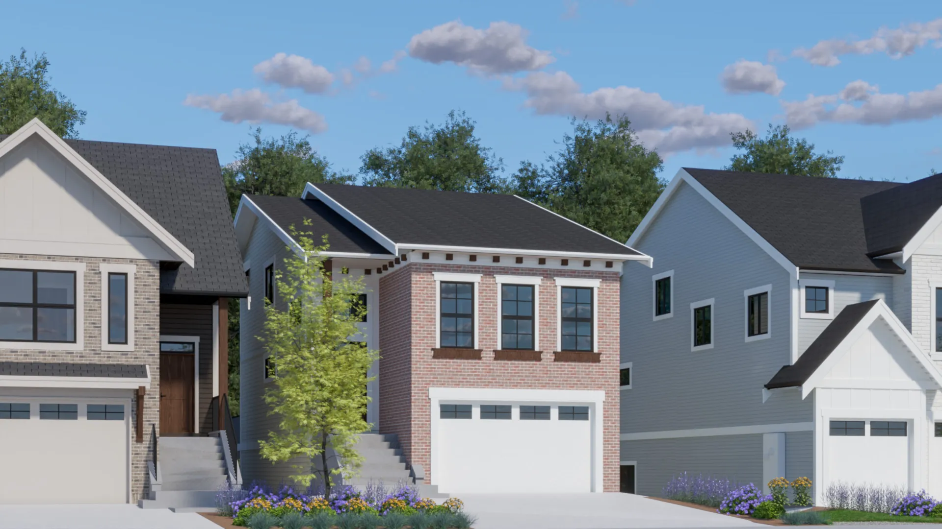 Modern white trail home for rent and new home listings with dark gabled roofs.