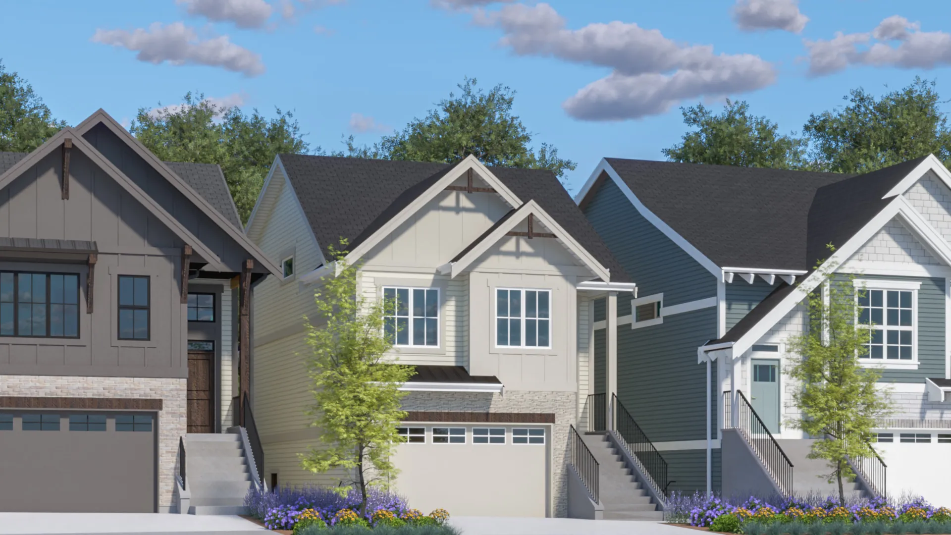 Modern white trail home for rent and new home listings with dark gabled roofs.