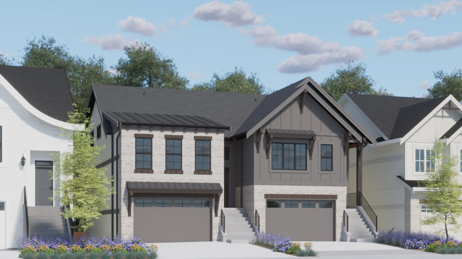 Modern trail home for rent and new home listings with dark roofs.