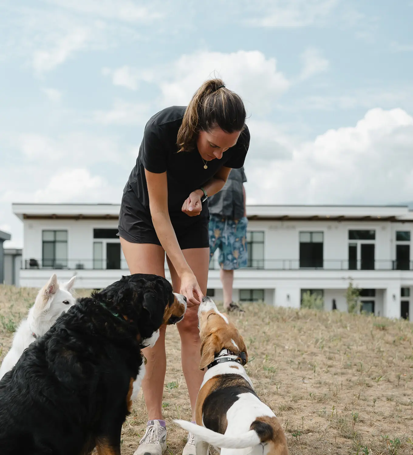Woman in black dress feeding treats to three attentive dogs outdoors near a modern house.
