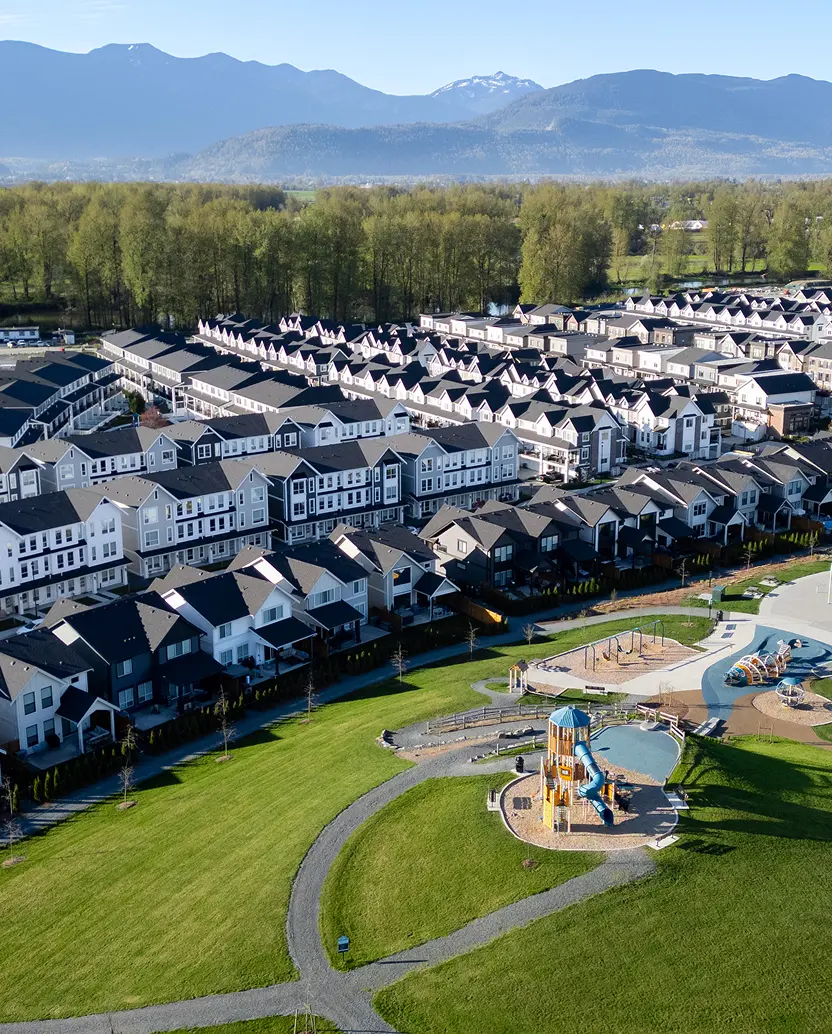 Green grassy field bordered by dense trees and a large tree trunk in the foreground.