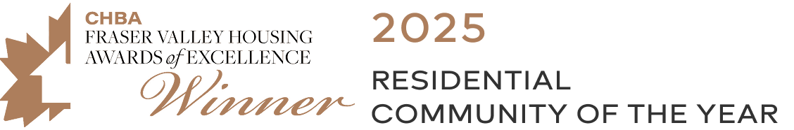 CHBA Fraser Valley Housing Awards of Excellence Winner 2025 Residential Community of the Year text badge with maple leaf logo.