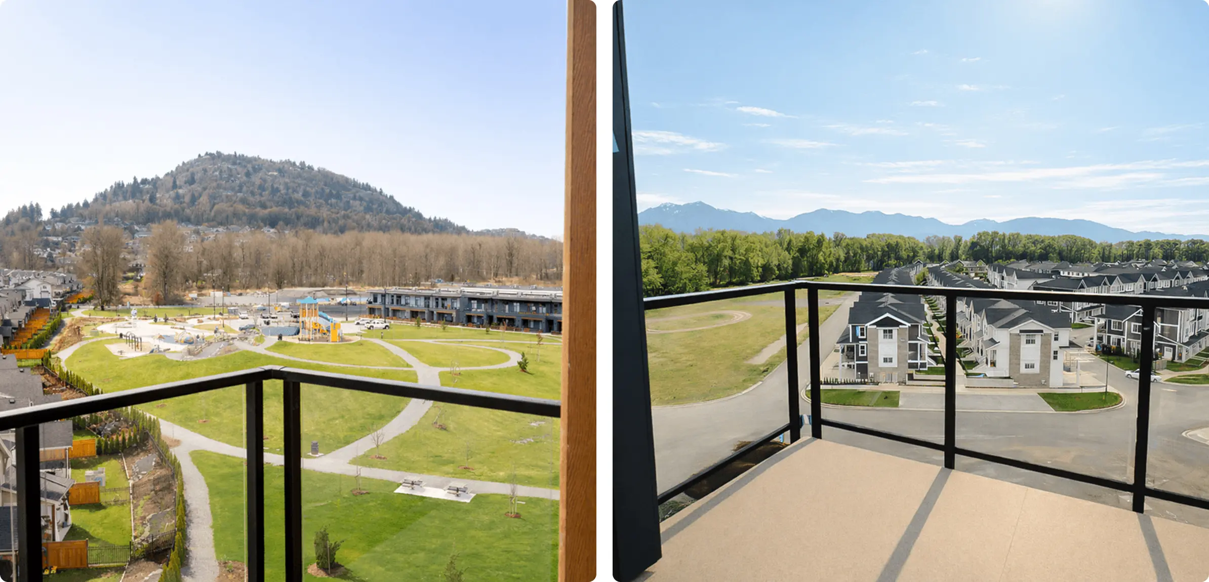 View from two separate balconies overlooking grassy parks, pathways, residential buildings, and distant forested hills under a clear sky.
