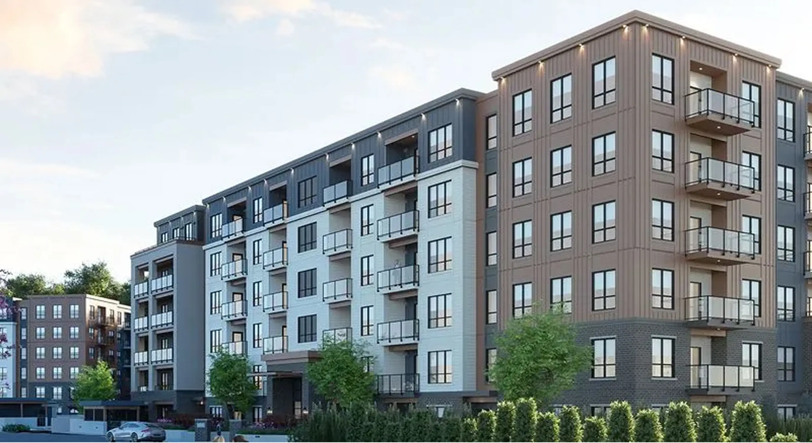 An artist's rendering of a two - story apartment building.