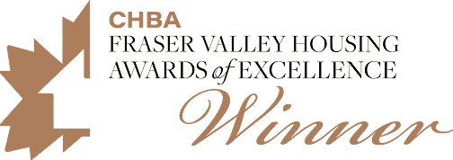 CHBA Fraser Valley Housing Awards of Excellence Winner 2025 Residential Community of the Year text badge with maple leaf logo.