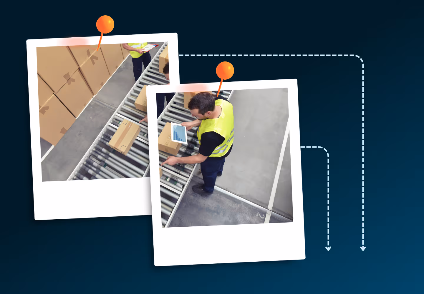 Warehouse employees in yellow vests monitoring parcels on a conveyor system