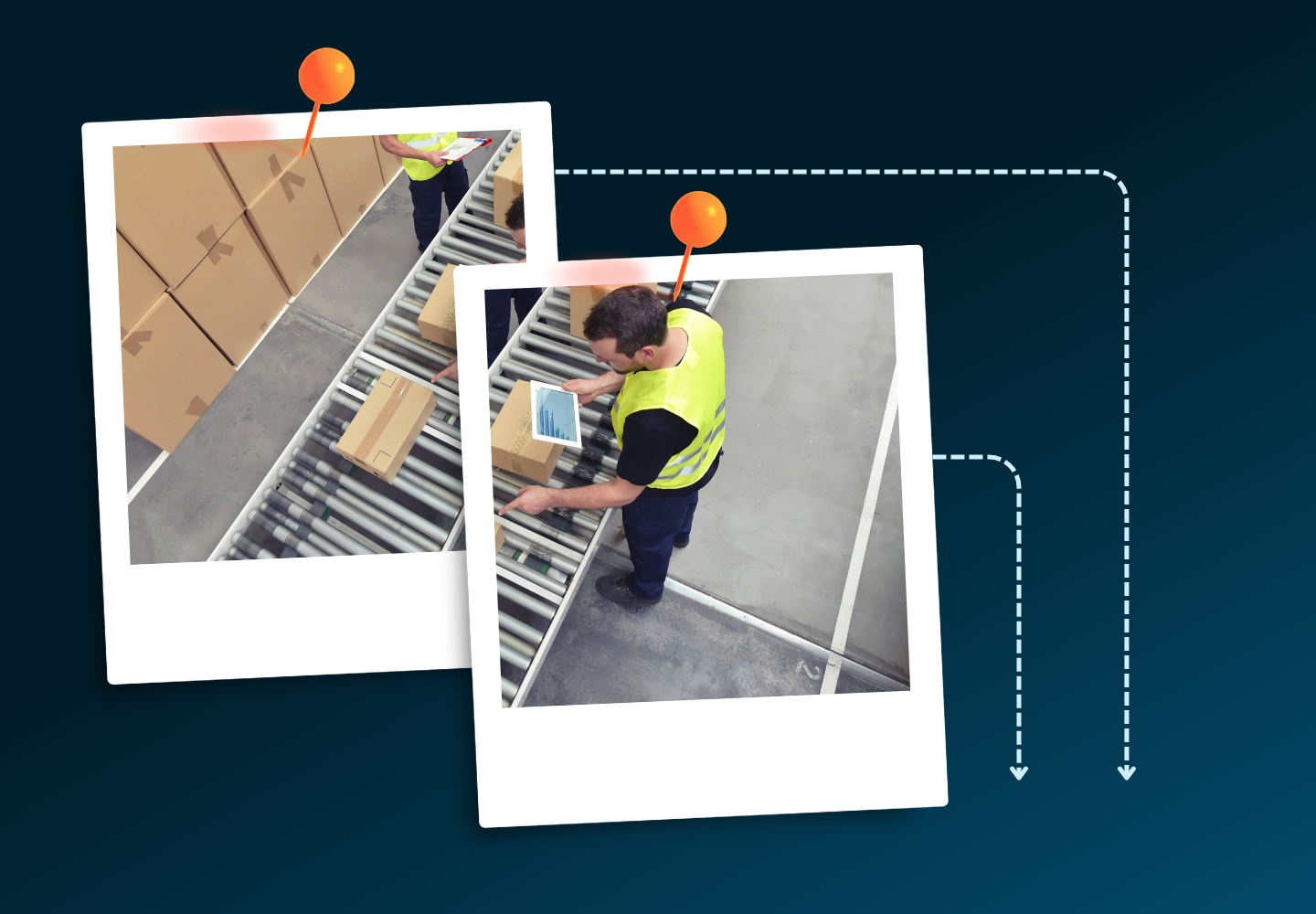 Warehouse employees in yellow vests monitoring parcels on a conveyor system