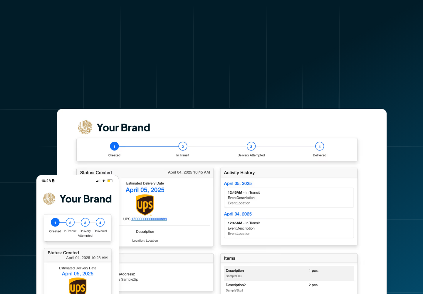 ShipWise branded tracking page examples on mobile and desktop