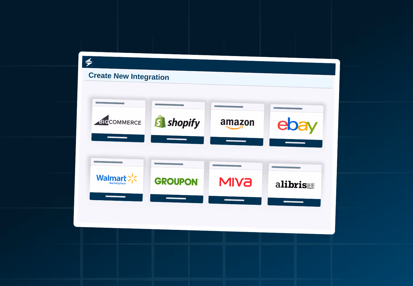 Interface for new integrations featuring logos of BigCommerce, Shopify, Amazon, eBay, Walmart, Groupon, Miva, and Alibris.