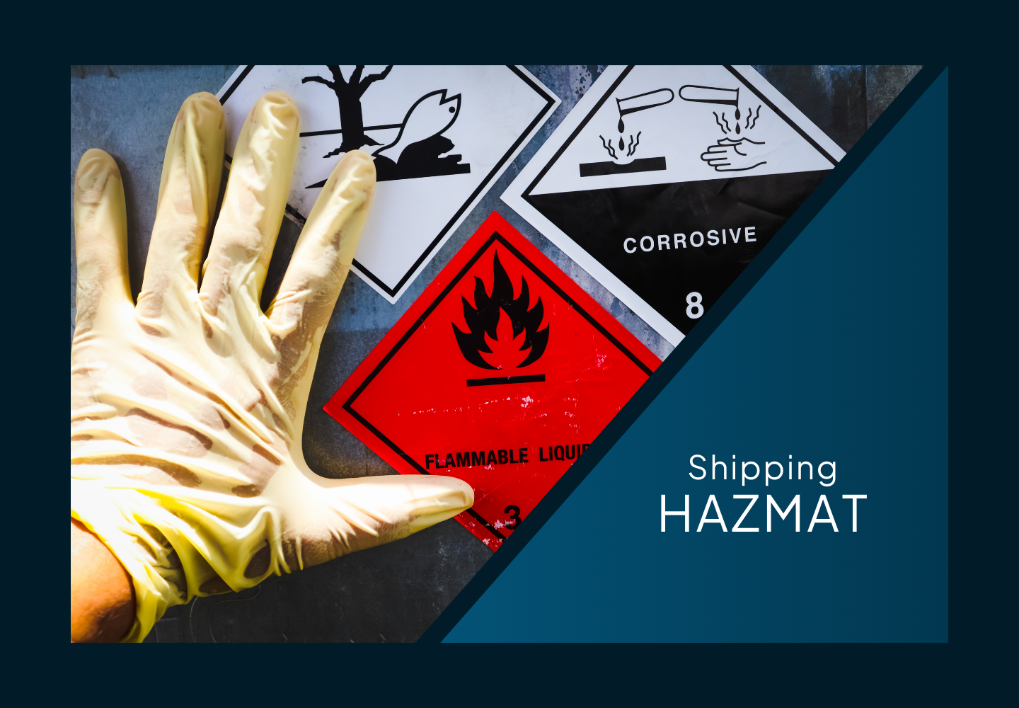 A gloved hand touches hazard labels on a metal surface, displaying flammable and corrosive symbols