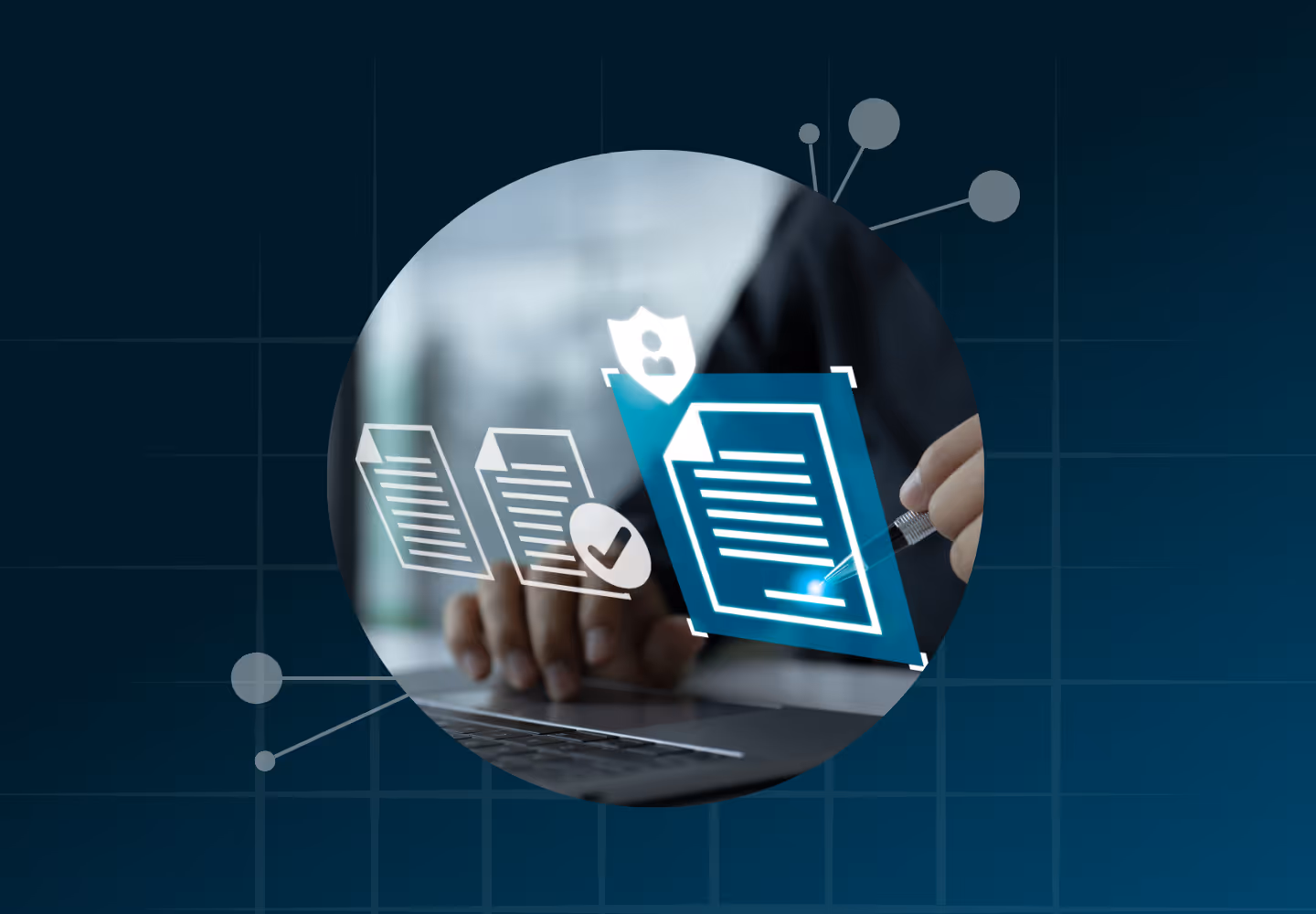 A person interacts with a laptop in a digital environment with  checkmarks and a blue security shield icons