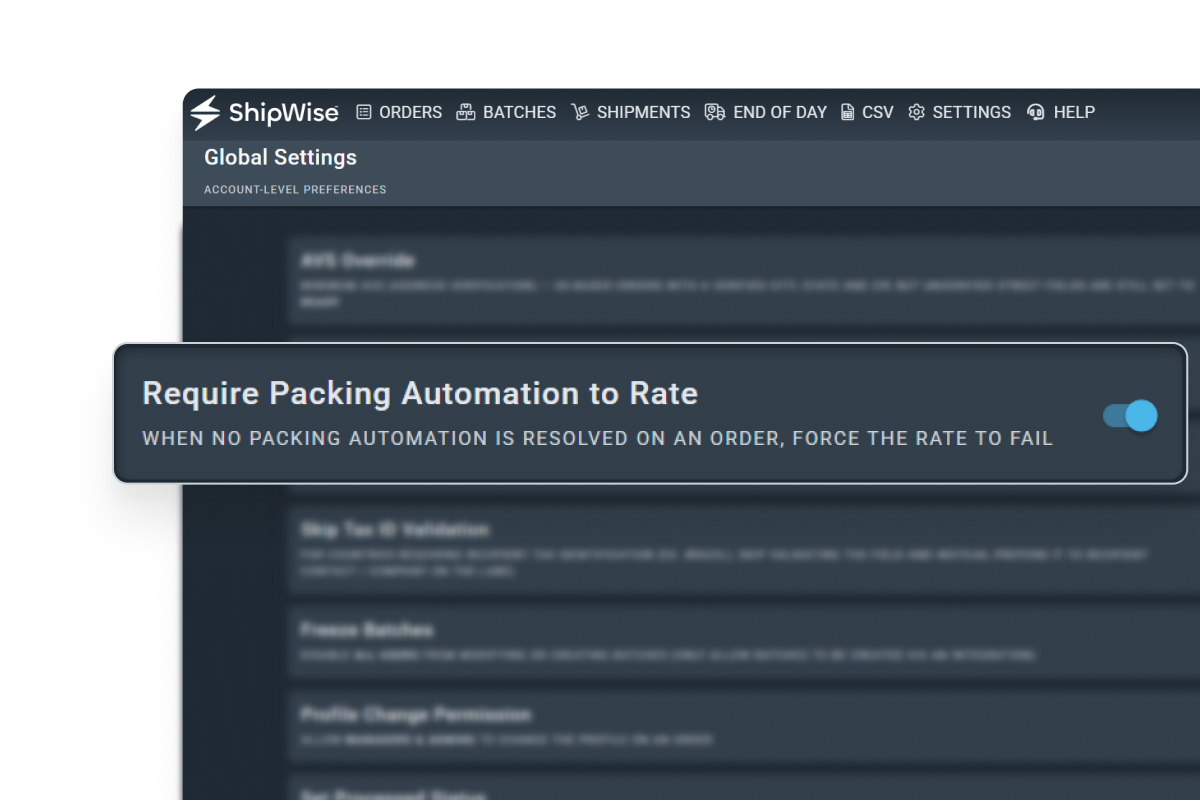New ShipWise feature - Require Packing Automation to Rate