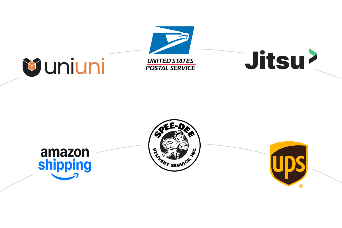 Featured logos for updated integrations Uniuni, USPS, Jitsu, Amazon Shipping, Spee-dee, UPS