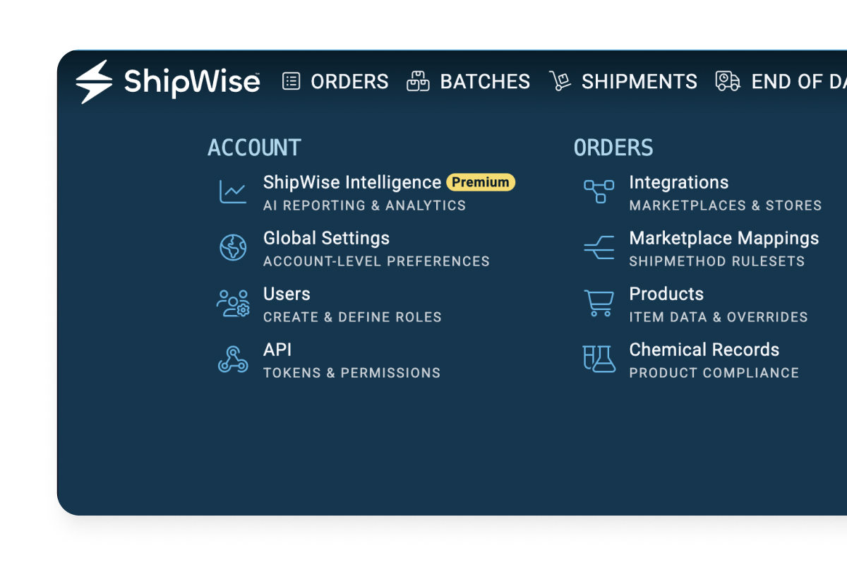 Updated ShipWise app menu