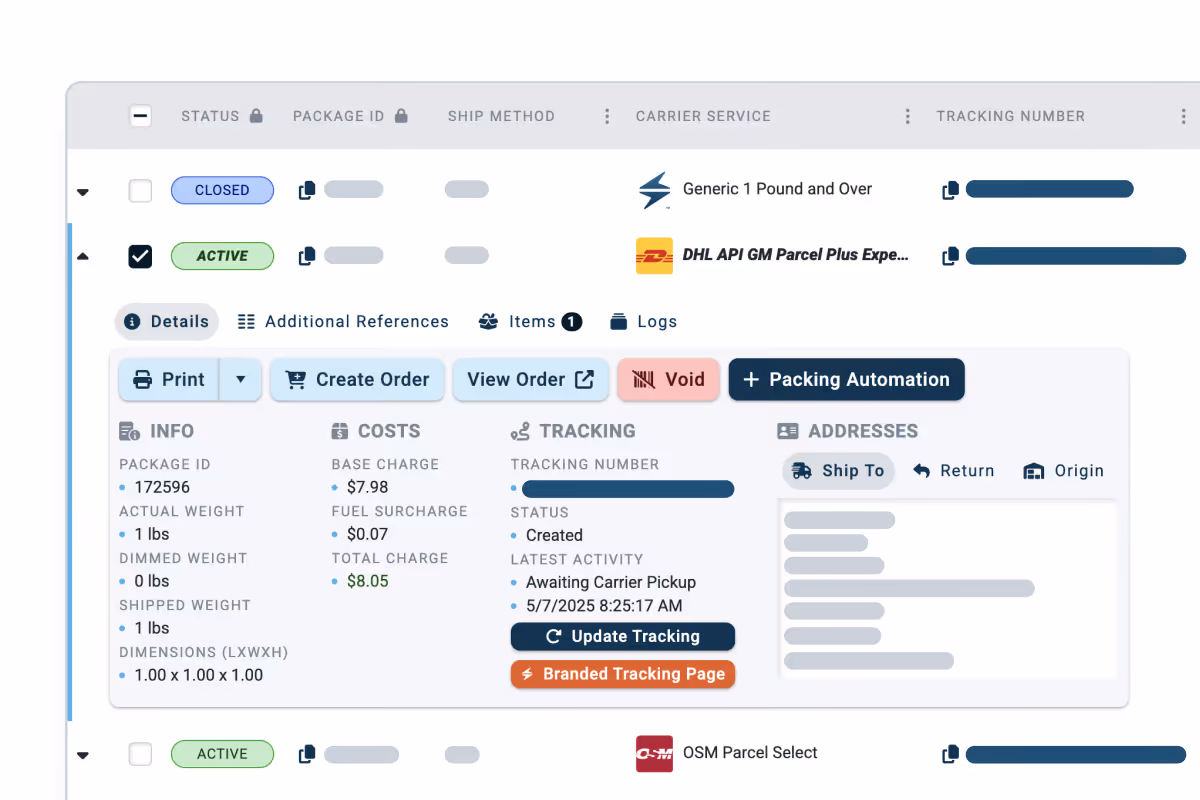 ShipWise order grid with expanded order information