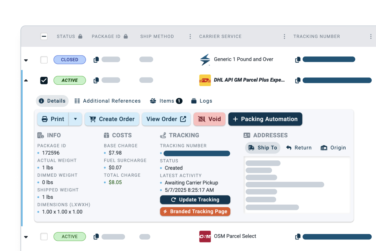 ShipWise order grid with expanded order information