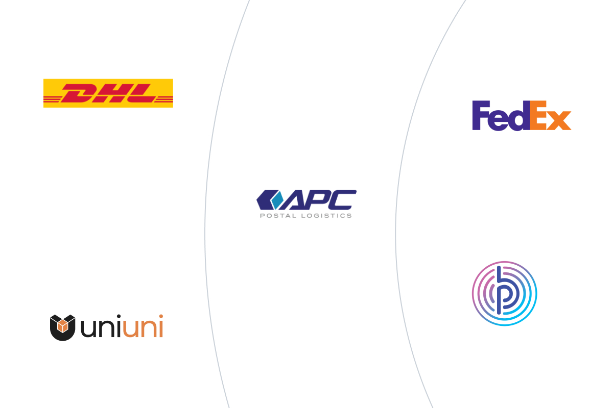 Featured logos for updated integrations DHL, APC, Fedex, Uniuni, PB