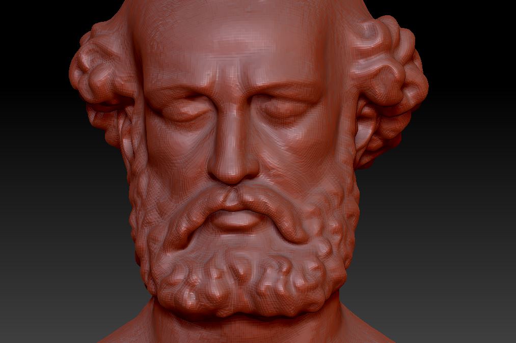Rendu en 3D d'une sculpture numérique d'un homme barbu aux yeux fermés avec des cheveux bouclés, sur fond noir.