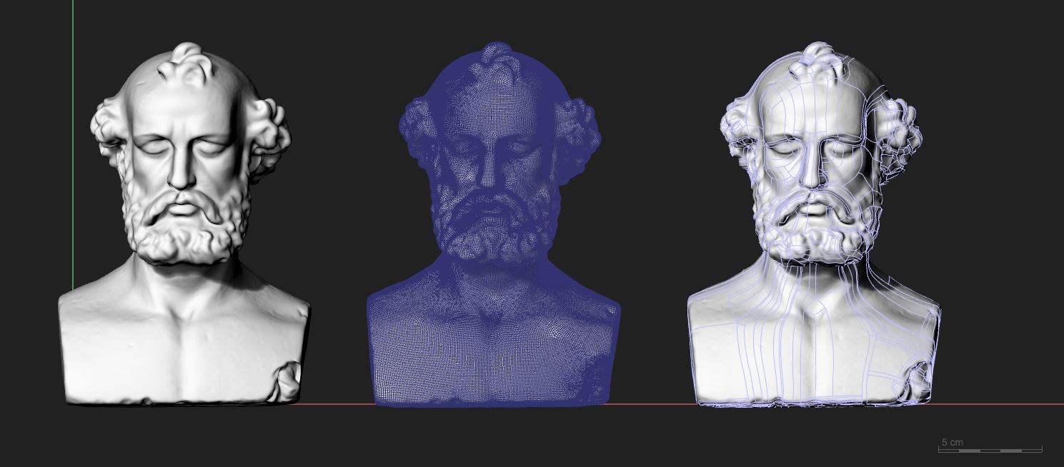 Trois vues numériques différentes d'un buste classique d'un homme barbu avec les yeux fermés sur fond noir.