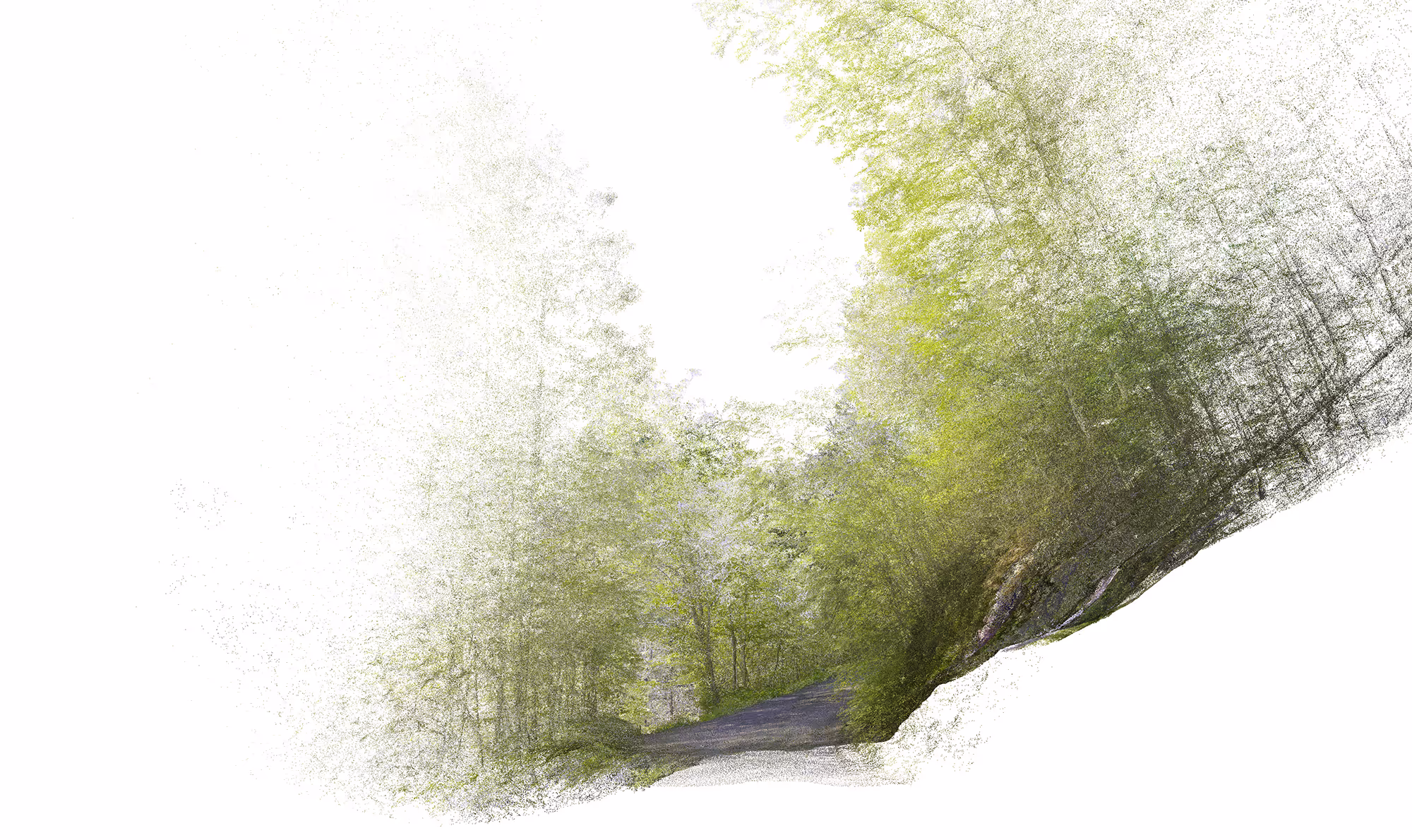 Image artistique composée de points représentant une route bordée d'arbres verts dans une forêt.