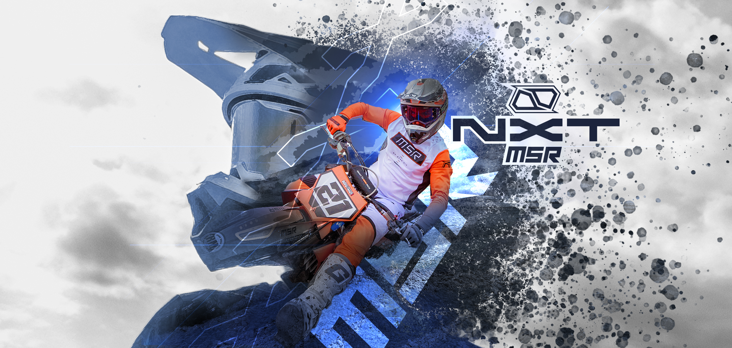 MSR NXT, a rider wearing the nxt gear faded into another rider from chest up looking the otherway. 