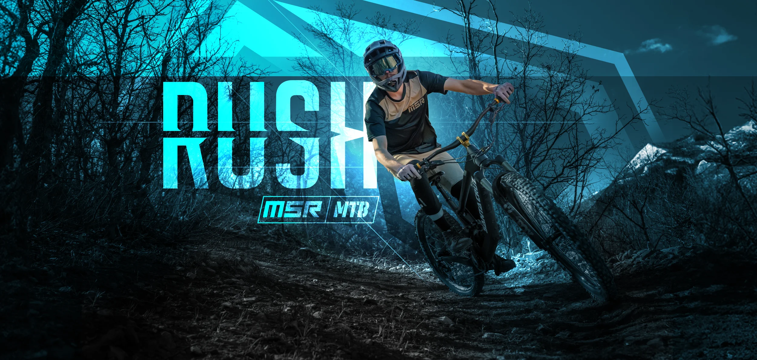 Rush MSR MTB, A Mountain Bike rider wearing the Rush gear riding a trail.