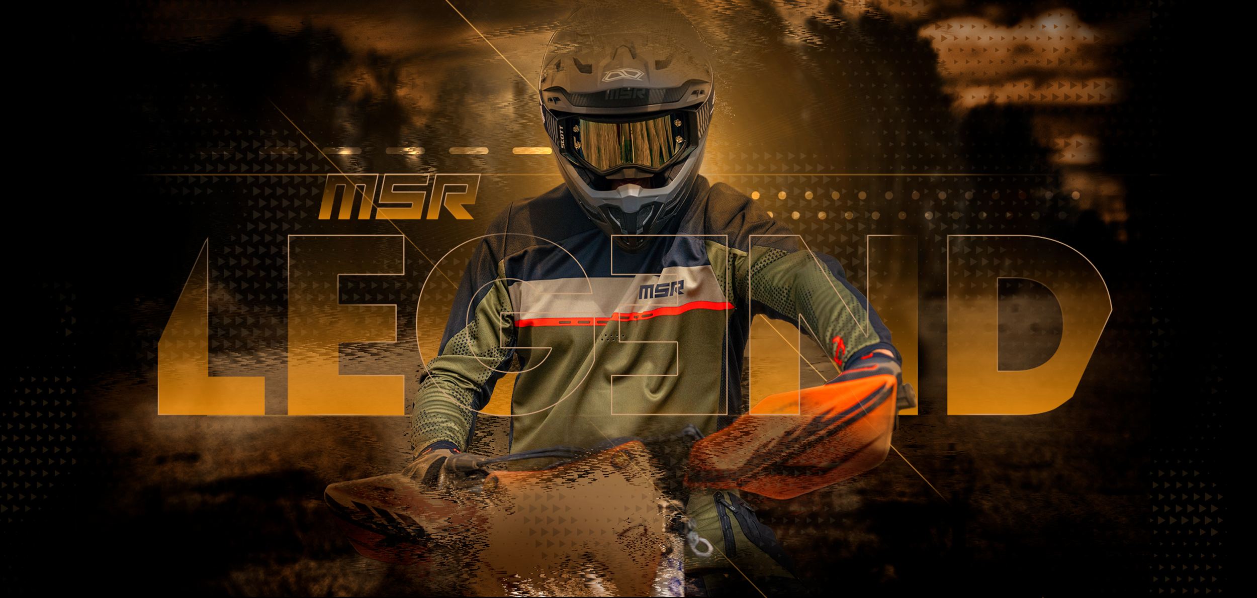 MSR Legend gear,  Military green on a rider, front view chest up.