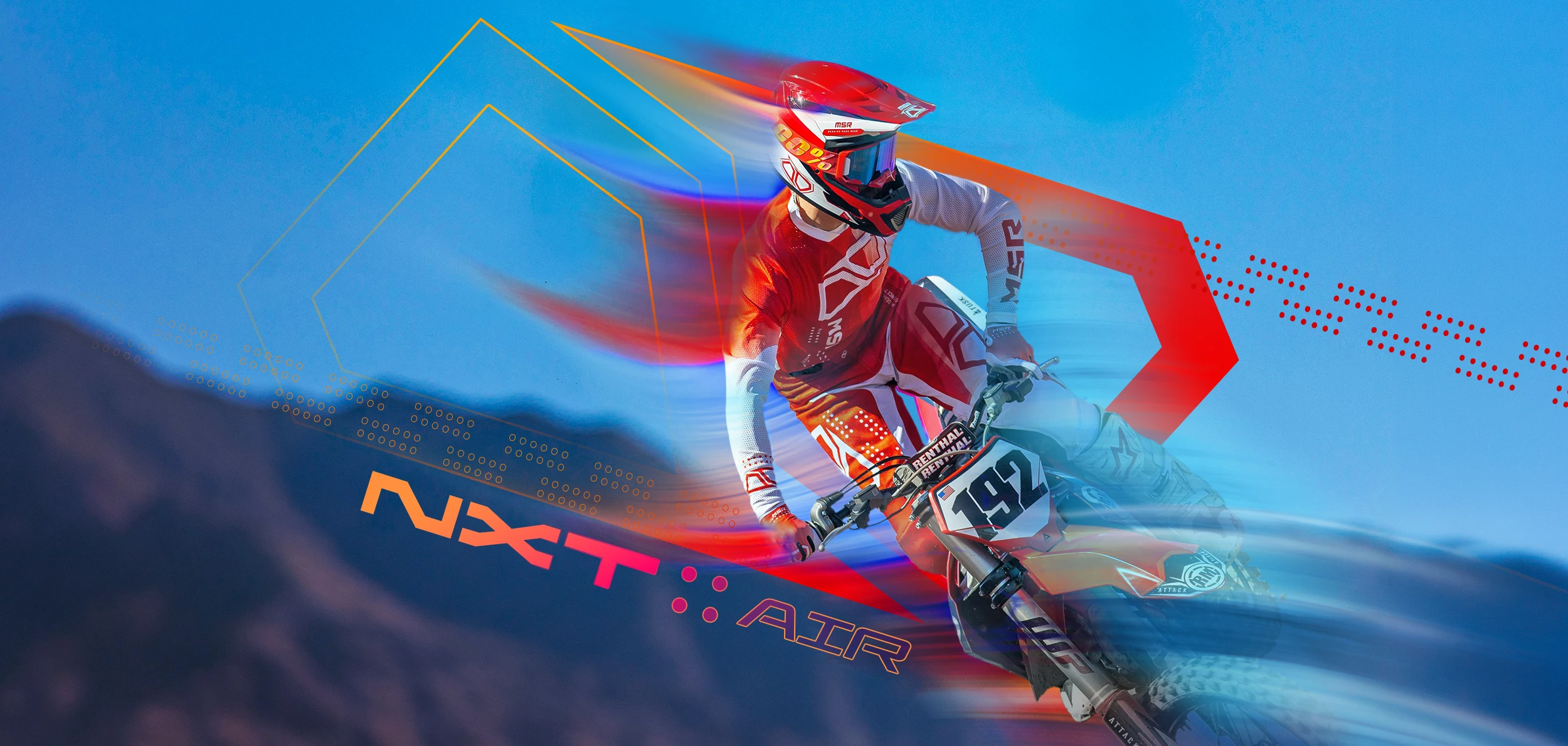 Two motorcyclists in full riding gear and helmets standing and one riding a dirt bike on a dark all wearing the Cryomesh gear., smoky blue background with 'MSR Cryomesh' text overlay.