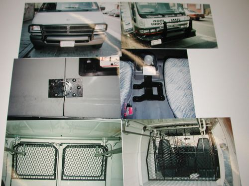 F040: (1) Top Left & Top Right: Grille Guard / Bull Bar (2) Middle Left: Heavy-Duty Hinge with Lock Plate (3) Middle Right (Inside Seating Area): Floor-Mounted Bracket (4) Bottom Left: Steel Mesh Window Guards (5) Bottom Right: Interior Partition Barrier / Bulkhead