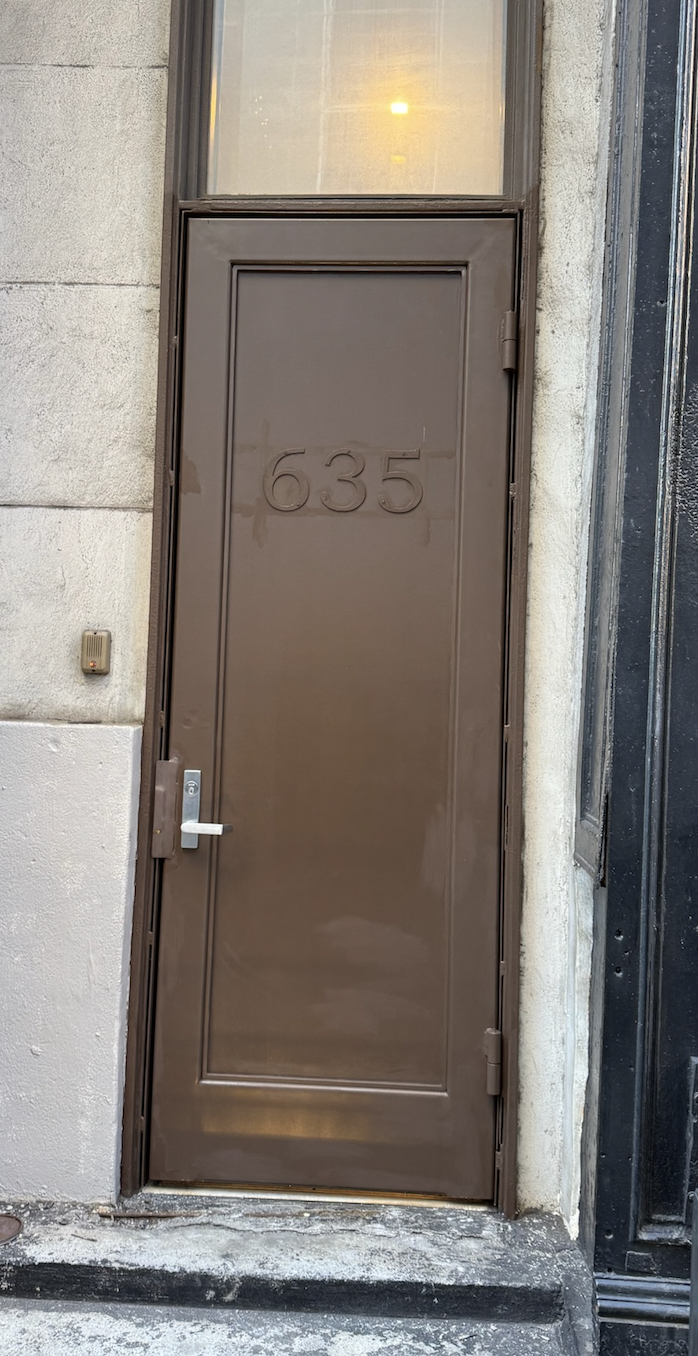 DG174 Flush steel door with a recessed flat-panel design and an embossed address numeral integrated into the upper panel