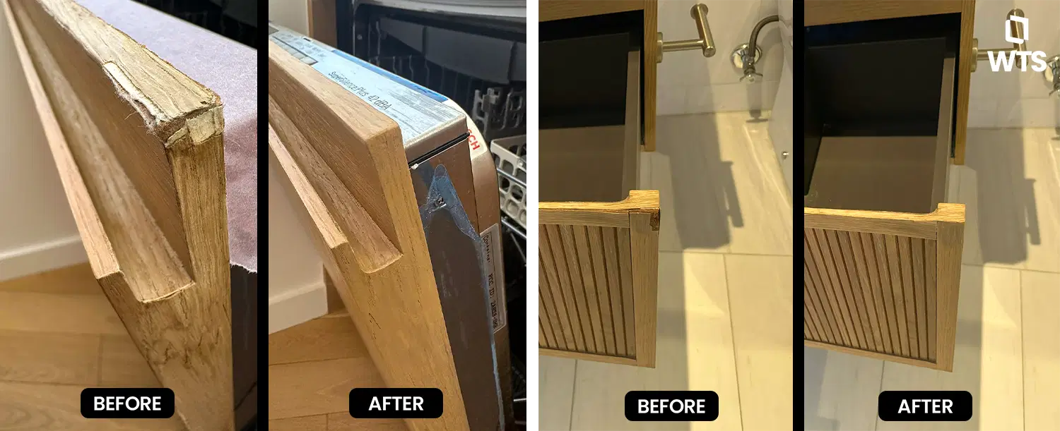 Wood cabinet restoration before and after — millwork damage repaired invisibly