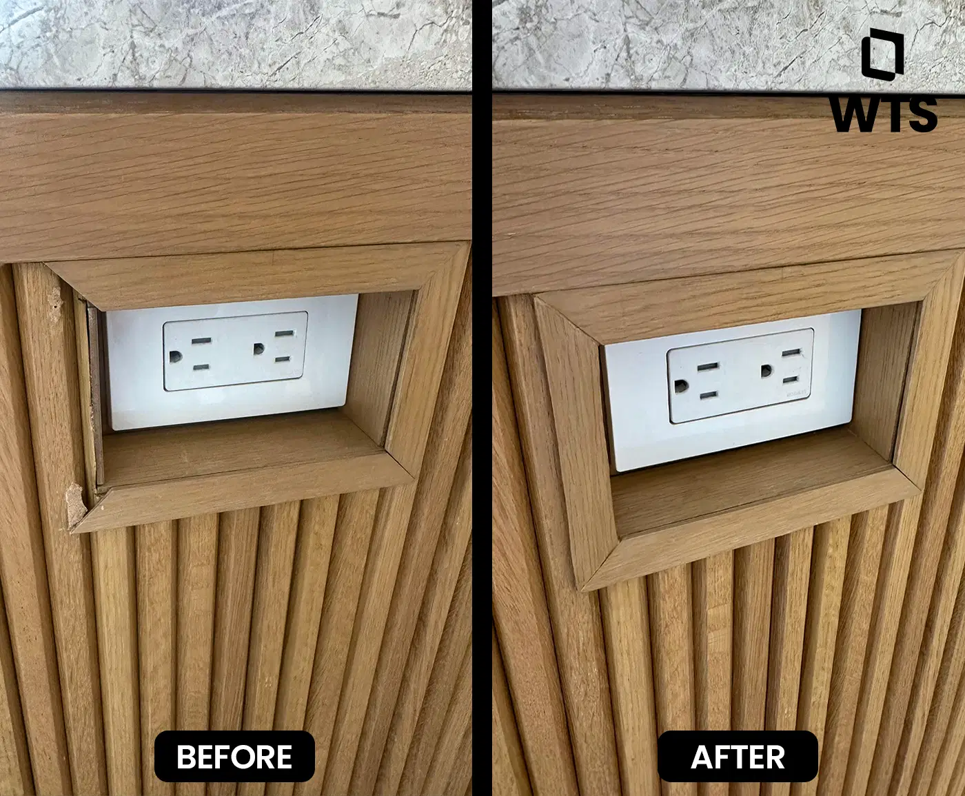 Millwork cabinet corner repair before and after — flawless touch-up for punch lists