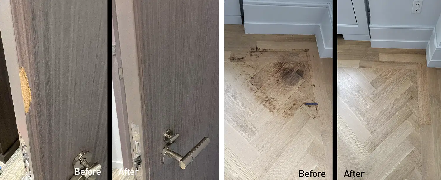 Wood surface restoration before-and-after showcasing door and floor touch-ups that blend seamlessly for luxury NYC turnarounds.